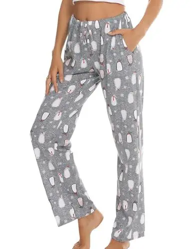 Produktbild: ENJOYNIGHT Damen Schlafanzughose Lang Baumwolle Pyjamahose Print Schlafhose Freizeithose mit Taschen und Kordelzug (Medium,Grauer Pinguin)