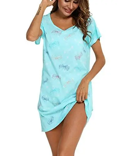 Produktbild: ENJOYNIGHT Nachthemd Damen Kurzarm Baumwolle Schlafshirt Sommer Sleepshirt Kurz Nachtwäsche Nachtkleid Weiche Schlafhemd (Large,Blauer Schmetterling)