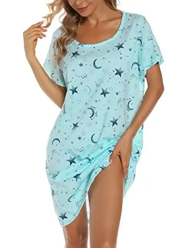 Produktbild: ENJOYNIGHT Nachthemd Damen Kurzarm Baumwolle Schlafshirt Sommer Sleepshirt Kurz Nachtwäsche Nachtkleid Weiche Schlafhemd (X-Large,Stern)