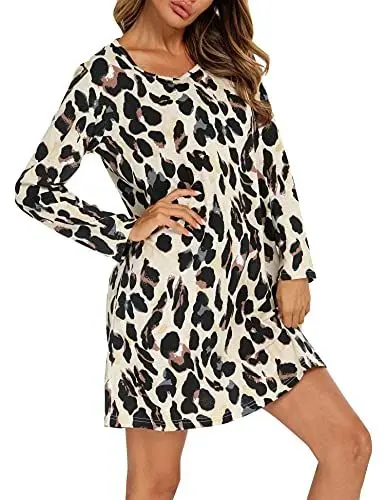Produktbild: ENJOYNIGHT Nachthemd Damen Langarm Baumwolle Schlafshirt Print Sleepshirt Frauen Nachtwäsche Nachtkleid(Large,Leichter Leopard)