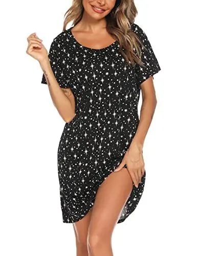 Produktbild: ENJOYNIGHT Nachthemd Damen Sommer Baumwolle Schlafshirt Printed Kurzarm Sleepshirt T-Shirt Schlafhemd Frauen Nachtwäsche Nachtkleid(X-Large,Schwarz Stern)