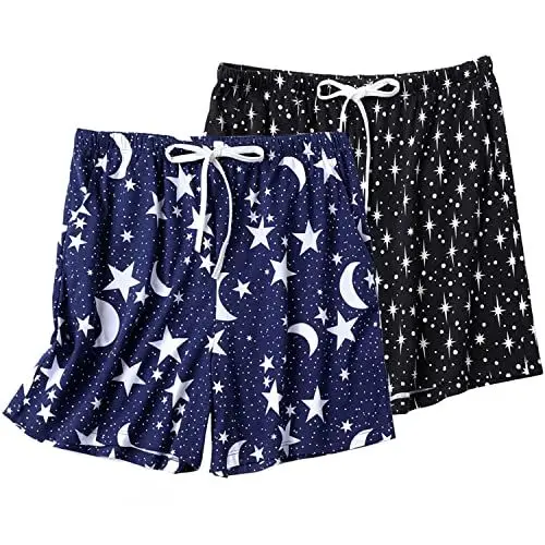 Produktbild: ENJOYNIGHT Pyjamahose Damen Kurz Schlafanzughose Baumwolle Schlafhose Sommer Schlafshorts mit Taschen und Kordelzug (Medium,Dunkelblau-Stern+Schwarz-Stern)