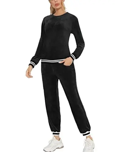 Produktbild: Enjoyoself Damen Velours Traningsanzug Samtweich Hausanzug mit Gerippt Bündchen Langarm Rundhals Pullover+Lange Hose mit Tasche Schwarz,M