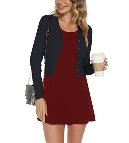 Produktbild: Enjyam Damen Bolero Jäckchen Langarm Kurze Strickjacke mit Knopf Elegante Weiche Jacke Gerippte Schulterjacke zum Kleid Marineblau, XL