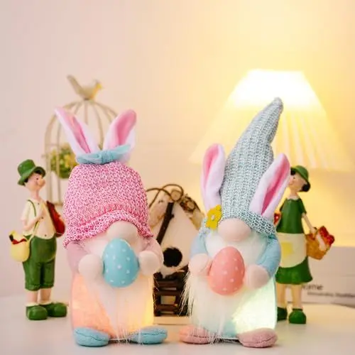 Produktbild: ENLACE 2 Stück Ostern Wichtel Mit Led, Osterwichtel Hase Mit Eier, Handgemachte Plüsch Puppen, Osterhasen Puppen für Osterdekoration Tischdeko Frühling Wichtel Festliche Geschenk