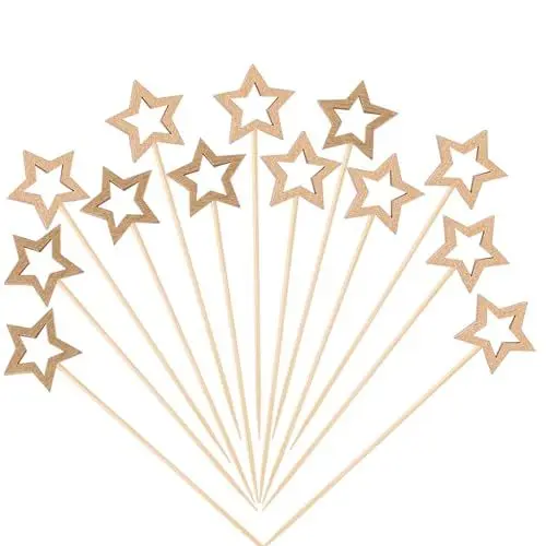 Produktbild: ENLACE Stern Cocktailspieße 50 Stück Holzspieße Fingerfood Spieße,Weihnachten Cocktail Picks,Gold Stern Partyspieße,Zahnstocher Holz Obstspieße für Grillgut,Obst,Cupcake,Cocktail Dekoration