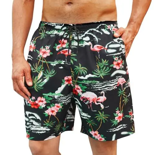 Produktbild: Enlision Badehose für Herren Kurze Badeshort Herren Sommer Flamingo Hawaii Badehose Männer Strandhose Schwimmhose Schnelltrocknend mit Taschen L