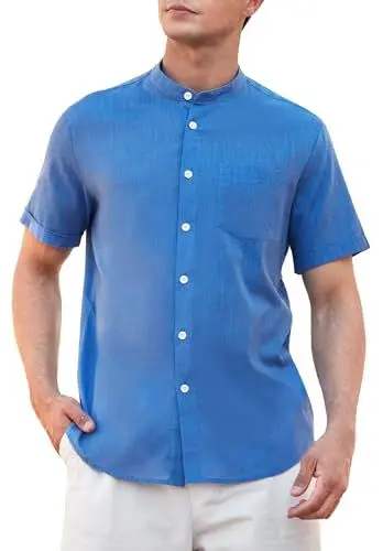 Produktbild: Enlision Leinenhemd Herren Kurzarm Royalblau Leichtes Sommer Leinen Hemden für Herren Ohne Kragen Henley Hemd für Geschäft Outdoor XXL