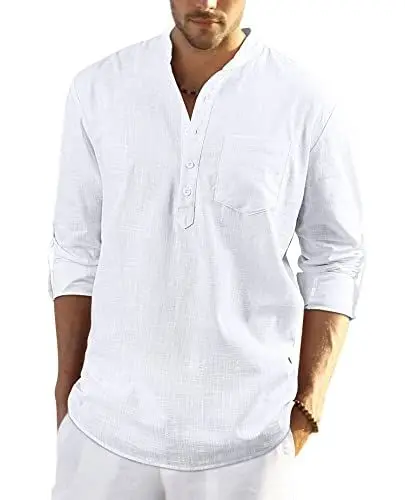 Produktbild: Enlision Weiß Leinenhemd Herren Hemd Langarm Sommerhemd Herren Regular Fit Freizeithemd mit Brusttasche Henley Shirt 4XL
