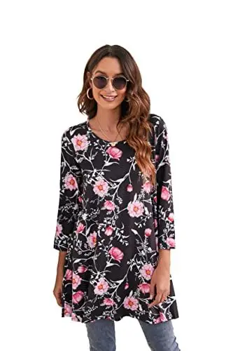 Produktbild: Enmain Damen Tunika Top Dreivierte Langarm Blusen Tuniken Longline Bluse Longshirt Casual Elegante Rundhals Swing Tunika Tops für Damen