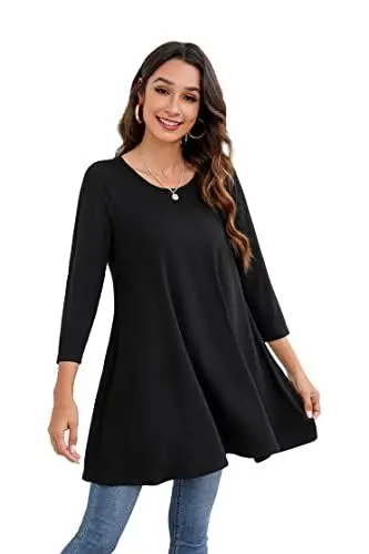 Produktbild: Enmain Schwarz Damen Tunika Top für Damen Dreivierte Langarm Blusen Tuniken Longline Bluse Longshirt Casual Rundhals Swing Tunika Tops 4XL