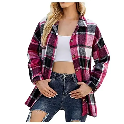 Produktbild: ENPAP Jacken Damen Slim Fit Langarm Hemder Gemütlich Urlaub Kariert Vollbusig Winte Jacken Damen mit Reverskragen Tweed Raglan Klassische Pink