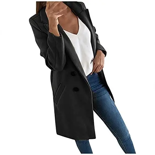 Produktbild: ENPAP Mantel Damen Schlichtes Longsleeve Mantel mit Reverskragen Beach Doppelreiher Twee Mantel Frauen Herbst Slim Warme Oversize Legerer Schwarz