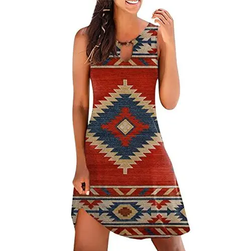 Produktbild: ENPAP Tunika-Kleid Damen Boyfriend Tunika-Kleid aztekisch Boho Rundhals Lauschig Festlich Kleider Damen ärmelloses Park Knielang Weinrot Kleid Jugendliche