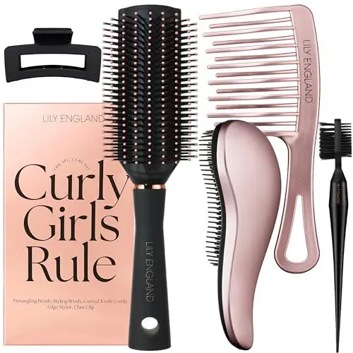 Produktbild: Ensemble de brosses pour cheveux bouclés de Lily England - Enfant et femme - inclut brosse démêlante, brosse cheveux bouclés, peigne à dents larges, brosse à bords et pince - Cadeau idéal, Schwarz