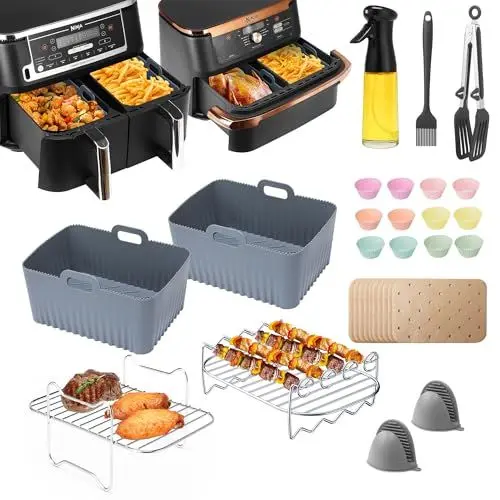 Produktbild: ENSINE Luftfritteusen Zubehör, Heißluftfritteuse Zubehör für Ninja AF400EU, AF500EU, 9-10.4L XXL Heissluftfritteuse, Einschließlich Silikonform, ölspray, Grillrost,Backform Silikon, Backpapier,etc.