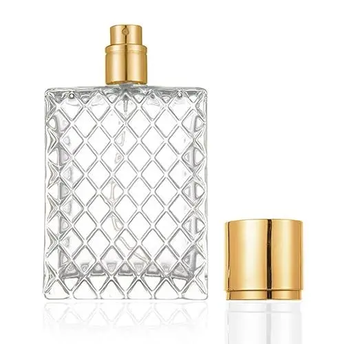 Produktbild: Enslz Zerstäuber aus klarem Glas, feiner Nebel, tragbar, quadratisch, nachfüllbar, leere Parfüm-Sprühflasche, Reise-Zerstäuber, Flasche mit goldfarbener Kappe, 100 ml