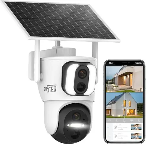 Produktbild: ENSTER 2K Überwachungskamera Aussen Akku Solar, WLAN Kamera Outdoor, Automatische Verfolgung, Personenerkennung, Bewegungserkennung, Außenkamera Kabellos, Solarpanel, Farbige Nachtsicht, 2-Wege-Audio