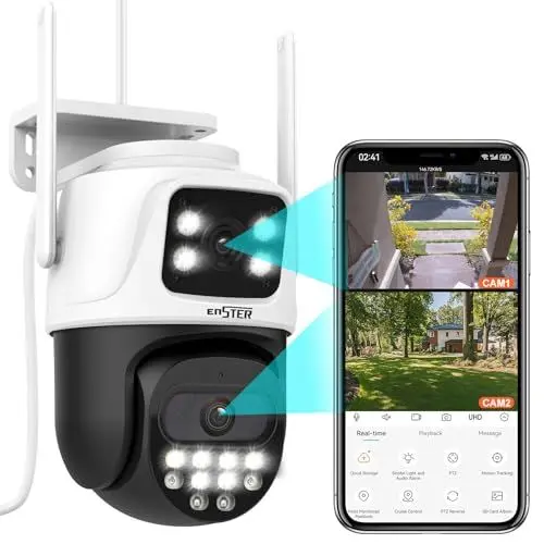 Produktbild: ENSTER 3K Überwachungskamera Aussen WLAN mit Dual-Objektiv Dual-Ansicht, PTZ IP Outdoor Kamera Auto Tracking, aufzeichnung, Personenerkennung Farbnachtsicht 360 Grad,kompatibel mit Alexa