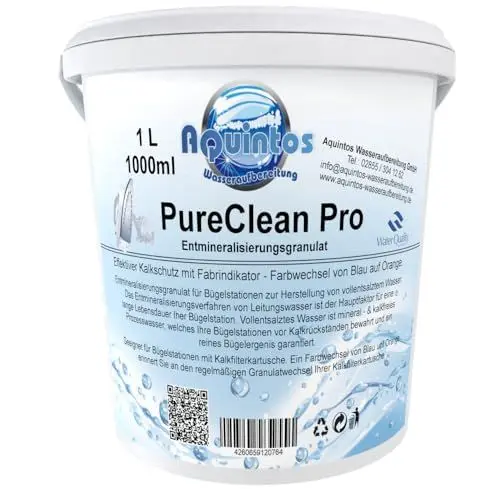 Produktbild: Entmineralisierungsgranulat für Dampfbügelstationen Aquintos Wasseraufbereitung PureCleanPro mit Farbindikator von Blau auf Orange - Alternative zu Laurastar, Aarke (1 Liter), Neutral