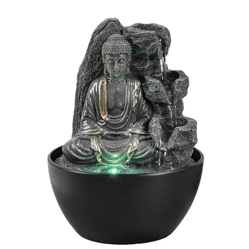 Produktbild: Zen'Light Revata Zimmerbrunnen, Buddha, entspannend, Wasserfall-Brunnen, Zen-Dekoration, Feng Shui, Glücksbringer, clevere und nützliche Geschenkidee, Tischbrunnen mit LED-Licht, H 18 cm