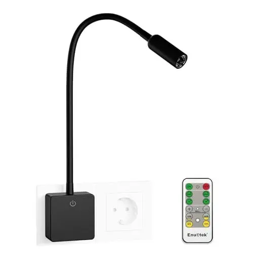 Produktbild: ENUOTEK LED Leselampe Wandlampe, Nachttischlampe Strahler Steckdose Lampe, Dimmbar mit Stecker und Fernbedienung, 3W 280Lm Neutralweiß 4000K, 1er Schwarz Lampe und 1er Fernbedienung