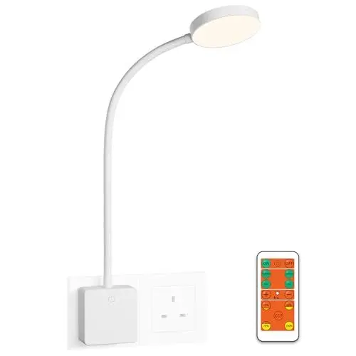 Produktbild: ENUOTEK LED Wandleuchte Leselampe Wand Bett Lampe Weiß mit Stecker und Fernbedienung, Helligkeit Dimmbar, 3er Beleuchtungsfarbe Einstellbar 5000K- 4000K- 3000K, Timer Automatisch Aus