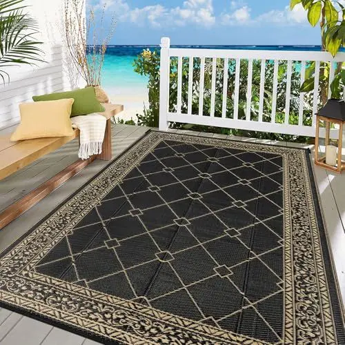 Produktbild: Enyhom Groß Outdoor Teppich 150 x 240 cm, Wendbarer RV Camping Außenteppich, Strapazierfähiger Kunststoff Flachgewebe Picknickdecke, Recycelter Wasserdicht Tragbar Balkonteppich für Terrassen Eingang
