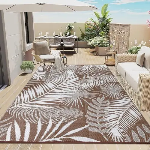 Produktbild: Enyhom Outdoor Teppich Wetterfest Kunststoff Groß 180 x 270 cm RV Camping Außenteppich Wendbarer Outdoorteppich mit Blatt Balkon Garten Teppich Terrassenteppich für Strand, Patio, BBQ, Braun