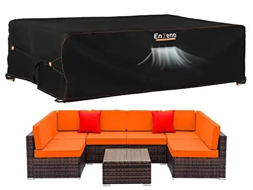 Produktbild: Enzeno Abdeckung Gartenmöbel wasserdichte, 420D Oxford-Gewebe Loungemöbel Abdeckung, Abdeckplane Gartenmöbel Outdoor Tischabdeckung mit Luftauslass für Tische und Stühle, Rattanmöbel 280x205x106cm