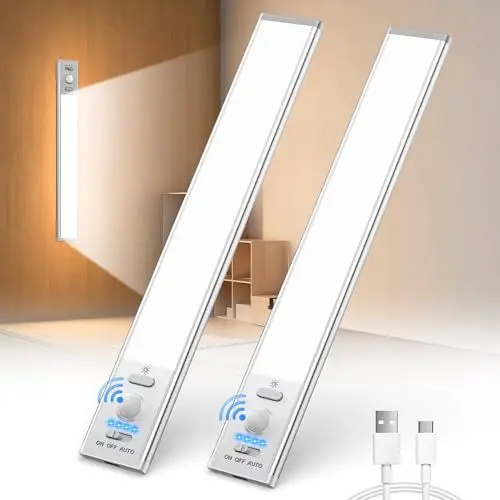 Produktbild: EOIWUY Unterbauleuchte Küche LED (2 Stück), 6000K Dimmbar Nachtlicht mit Bewegungsmelder, 2000mAh Wiederaufladbar Schrankbeleuchtung Magnetische Lichtleiste für Kleiderschrank, Schrank, Treppe (24CM)