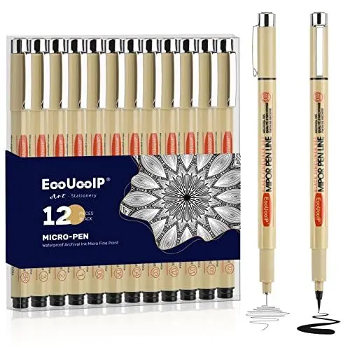 Produktbild: EooUooIP Schwarz Fineliner Stifte Set,12 Stück Micron Fineliner,Tintenstift,Schwarzer Filzstiften,Pigment Liner Set,Wasserfest,Stifte für Künstler, Illustration, Skizzen, Technisches Zeichnen