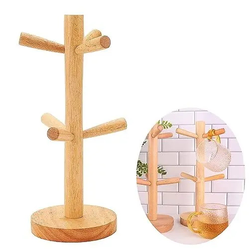 Produktbild: Eorqiurm Holz Tassen Halter,Tassenhalter Hölzerner Brezelständer Tasse Rack Baum Kaffee Tassenhalter mit 6 Cup Haken für Tee Kaffeetasse Becher Schmuck Haken Mug holder