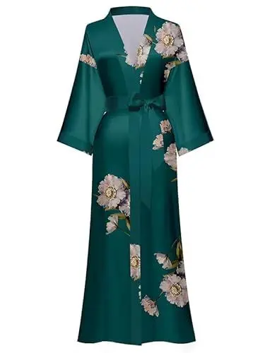 Produktbild: EORUBE Damen Morgenmantel Lange Satin Kimono Robe Blumen Seidiger Bademantel Brautjungfer Morgenmantel (Dunkelgrün – Brise in der Dämmerung)