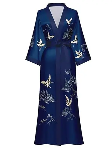 Produktbild: EORUBE Damen Morgenmantel Lange Satin Kimono Robe Blumen Seidiger Bademantel Brautjungfer Morgenmantel (Navy - Kranich und Kiefer)