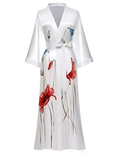 Produktbild: EORUBE Damen Morgenmantel Lange Satin Kimono Robe Blumen Seidiger Bademantel Brautjungfer Morgenmantel (Weiß - Morgentau)