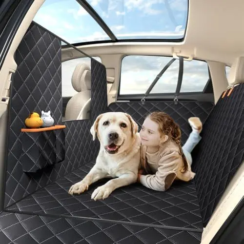 Produktbild: Hundedecke für Auto Rückbank, Hundesitzbezug mit Harter Unterseite hält 182 KG, 600D, Rücksitz mit Seitenschutz und Sichtfenster, Kratzfeste und Wasserabweisende, Autodecke Hund, Rückbank Schutz