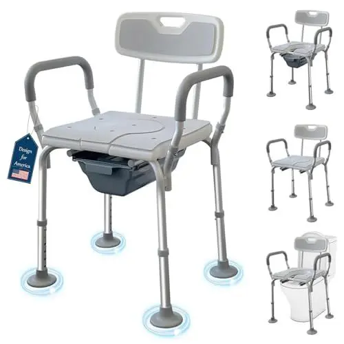 Produktbild: Eosprim Toilettenstuhl fahrbar für senioren,Toilettenstühle, Toilettensitzerhöhung mit Armlehnen, WC Sitzerhöhung für Senioren ，Duschstuhl, Duschstuhlsitz mit gepolsterten Armlehnen