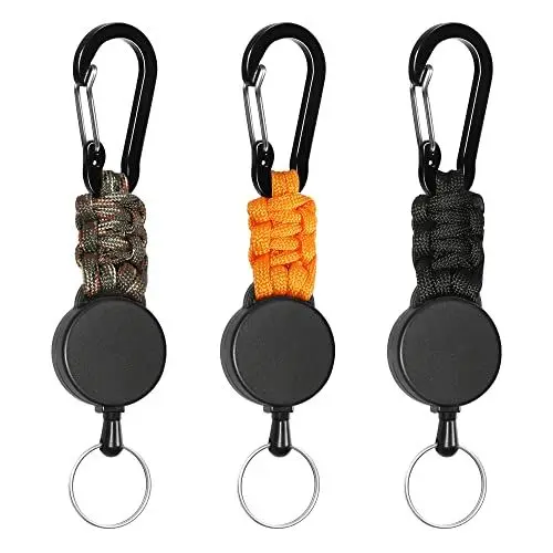 Produktbild: EOTW Aluminium, Schlüsselanhänger Ausziehbar,3 Stücke Schlüsselband Ausziehbar Personalisiert mit 60cm Ausziehbar Stahlseil für Wandern Männer Frau Kinder, D-Form, Schwarz+Oliventarn+Orange