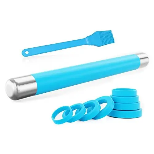 Produktbild: Eowihor Nudelholz, Silikon Teigroller Antihaft Nudelrolle mit Silikonbürste Rolling Pin aus Edelstahl für Pizza & alle weiteren Teigwaren, Blau