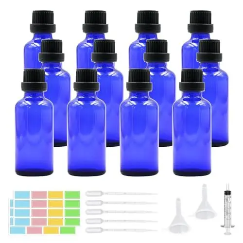 Produktbild: Episkey 12 Stück Blauglasflasche Tropfflasche aus Glas Blau Apothekerflasche Set inkl. kleine Glasflaschen Tropfer Trichter Spritze und Etikett (Blau, 50ml)