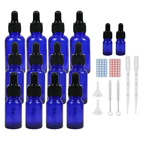 Produktbild: Episkey 12 Stück Pipettenflasche,Tropfflasche Blaue Blaue Glasflaschen Set inkl. 5ml mit schwarzer Pipettenkappe &Hilfszubehör für Ätherische Öle Parfüm DIY-Probenmischungen (Blau, 10+20+30ml)