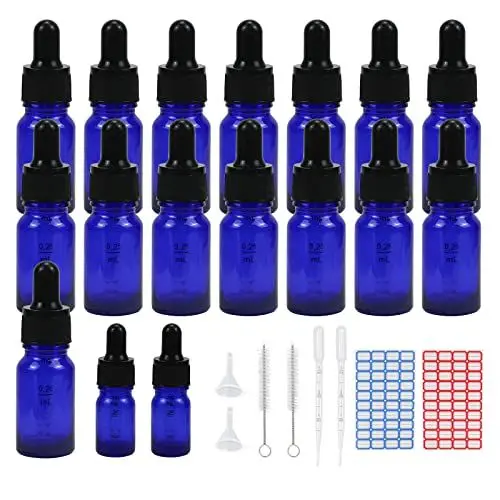 Produktbild: Episkey 15 Stück 10ml Pipettenflasche, Tropfflasche Blaue Glasflaschen Set inkl. 5ml mit schwarzer Pipettenkappe und Hilfszubehör für Ätherische Öle Parfüm DIY-Probenmischungen (Blau, 10ml)