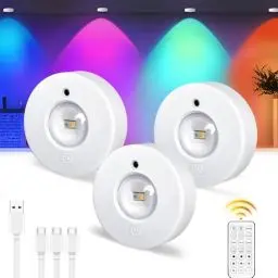 Produktbild: Epochglo Vitrinenbeleuchtung LED Kabellos mit Fernbedienung, RGB Farbwechsel Schrankbeleuchtung Akku Dimmbar LED Spot Batterie Unterbauleuchte Küche USB Aufladbar mit Timer Magnetisch Rund, 3 Pack
