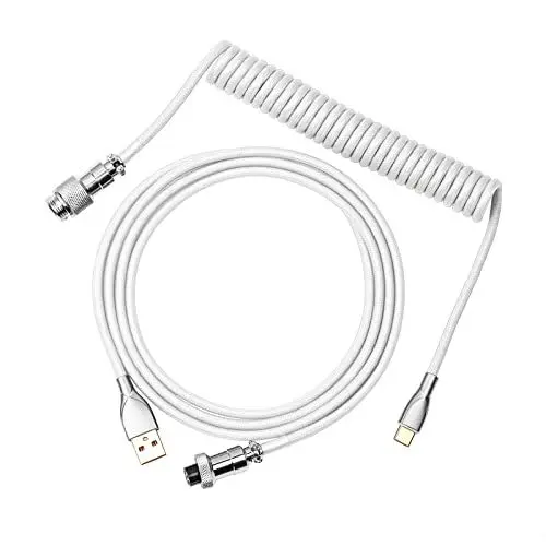 Produktbild: EPOMAKER Mix USB Typ C Kabel 1.8m, Typ-C zu USB A, TPU, Mechanisches Tastatur-Spiralkabel mit Abnehmbarem Aviator-Anschluss für Gaming-Tastatur (Weiß)
