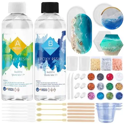 Produktbild: Epoxidharz Set Anfänger 474ml/16oz Glasklar Gießharz mit Untersetzerform, Epoxy resin Harz Gießen Set für DIY Schmuckherstellung Handwerk mit 3 Goldfolien, 12 Glitzer, Messbecher und mehr