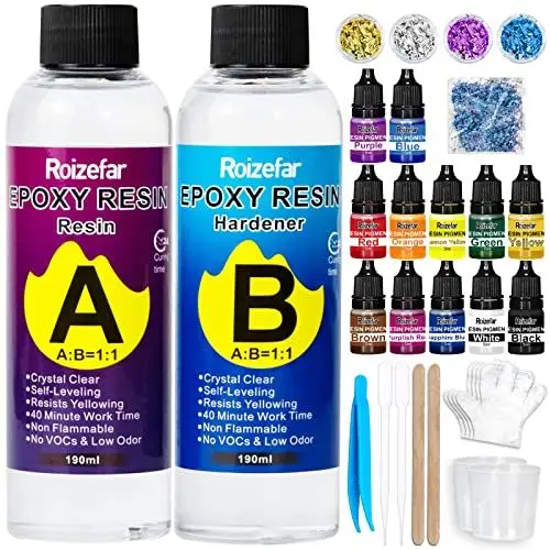 Produktbild: Roizefar Epoxidharz-Set für Anfänger 380 ml, Beschichten und Gießen, Untersetzer mit Folienflocken, Harz-Farbpigment, Pailletten für Kunst, Handwerk, Schmuckherstellung, Flusstisch