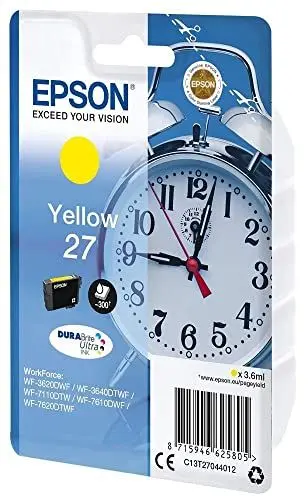 Produktbild: Epson Original 27 Tinte Wecker (WF-3620DWF, WF-3640DTWF, WF-7110DTW, WF-7210DTW, WF-7610DWF, WF-7620DTWF, WF-7710DWF, WF-7715DWF, WF-7720DTWF), gelb