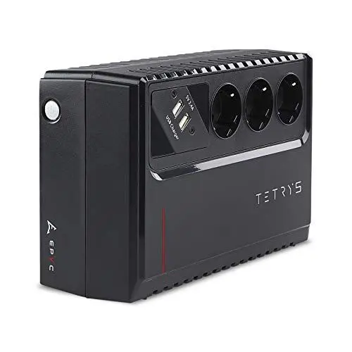 Produktbild: EPYC® TETRYS - USV Steckdosenleiste, 850VA / 480 Watt, UPS, USV Unterbrechungsfreie Stromversorgung für PC, Line Interactive Technologie, AVR, 3x Schuko Ausgängen, Ladegerät für Smartphones und Tablet
