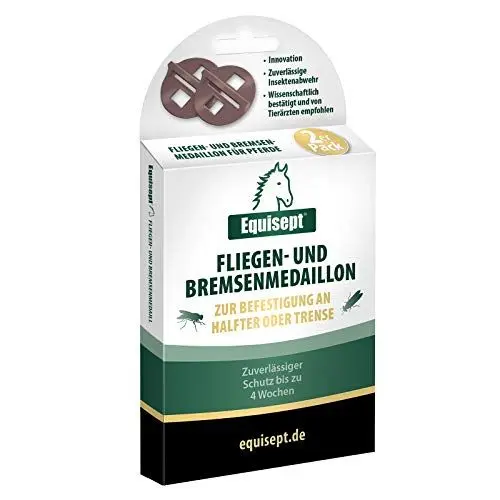 Produktbild: Equisept Fliegen & BremsenMedaillon 2er Pack Innovative Lösung zur Insektenabwehr am Pferd Einfaches Anbringen an Halfter oder Trense Bis zu 4 Wochen repellierende Wirkung Dopingfrei
